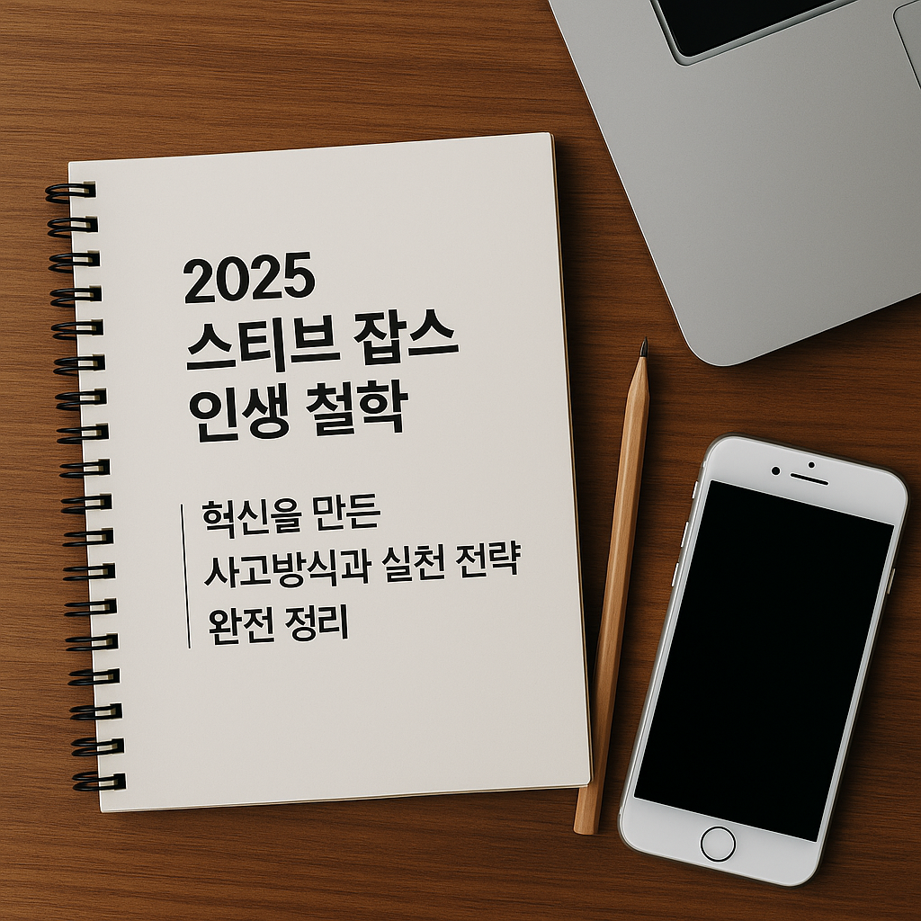 ‘2025 스티브 잡스 인생 철학｜혁신을 만든 사고방식과 실천 전략 완전 정리’라는 문구가 적혀 있는 현대적 실물 사진.