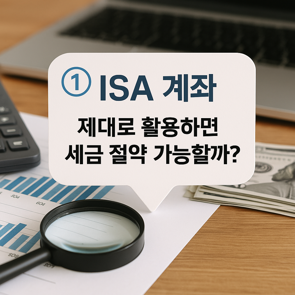 깔끔한 나무 책상 위에 노트북, 금융 그래프 자료, 돋보기, 계산기, 달러 지폐가 놓여 있고, 중앙에는 ‘① ISA 계좌 제대로 활용하면 세금 절약 가능할까?’라는 문구가 적힌 말풍선이 세워져 있는 사진