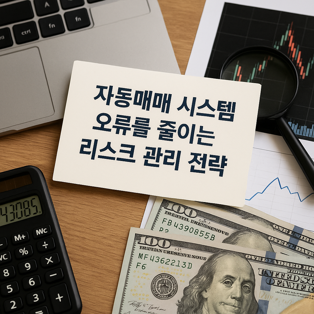 실제 데스크 위에 놓인 노트북, 캔들 차트, 돋보기, 계산기, 100달러 지폐가 함께 배치된 사진으로, ‘자동매매 시스템 오류를 줄이는 리스크 관리 전략’이라는 문구가 적힌 카드가 중앙에 놓여 있는 모습
