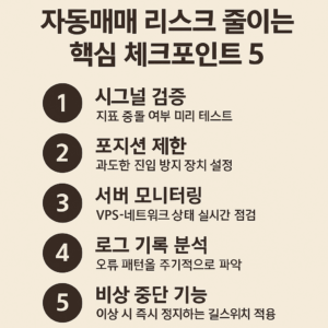 자동매매 리스크 줄이는 핵심 체크포인트 5가지를 정리한 인포그래픽 이미지.