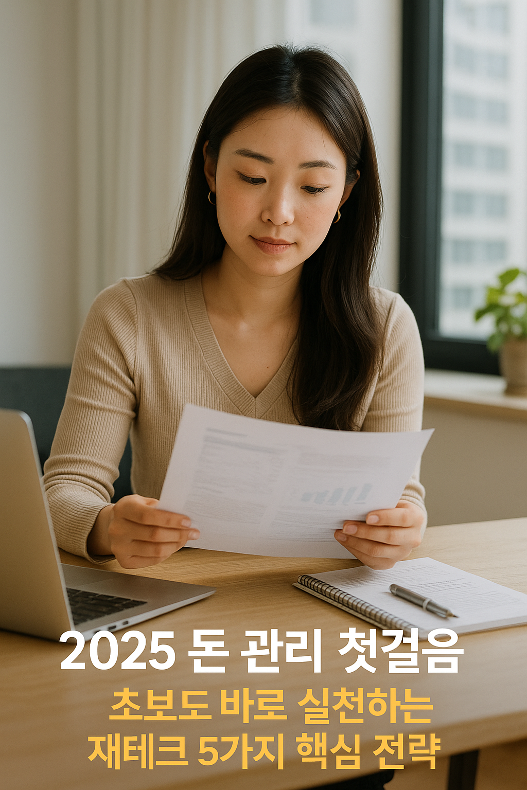 2025년 돈 관리와 재테크를 준비하는 여성 투자자가 깔끔한 홈 오피스에서 문서를 확인하며 재무 계획을 세우는 모습. 데스크에 노트북·노트·서류가 놓여 있고 부드러운 자연광이 비추는 현대적 투자 분위기