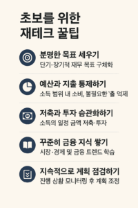 재테크 초보를 위한 핵심 전략을 목표 세우기, 예산 및 지출 관리, 저축·투자 습관, 금융 지식 쌓기, 계획 점검 5단계로 정리한 한국어 인포그래픽