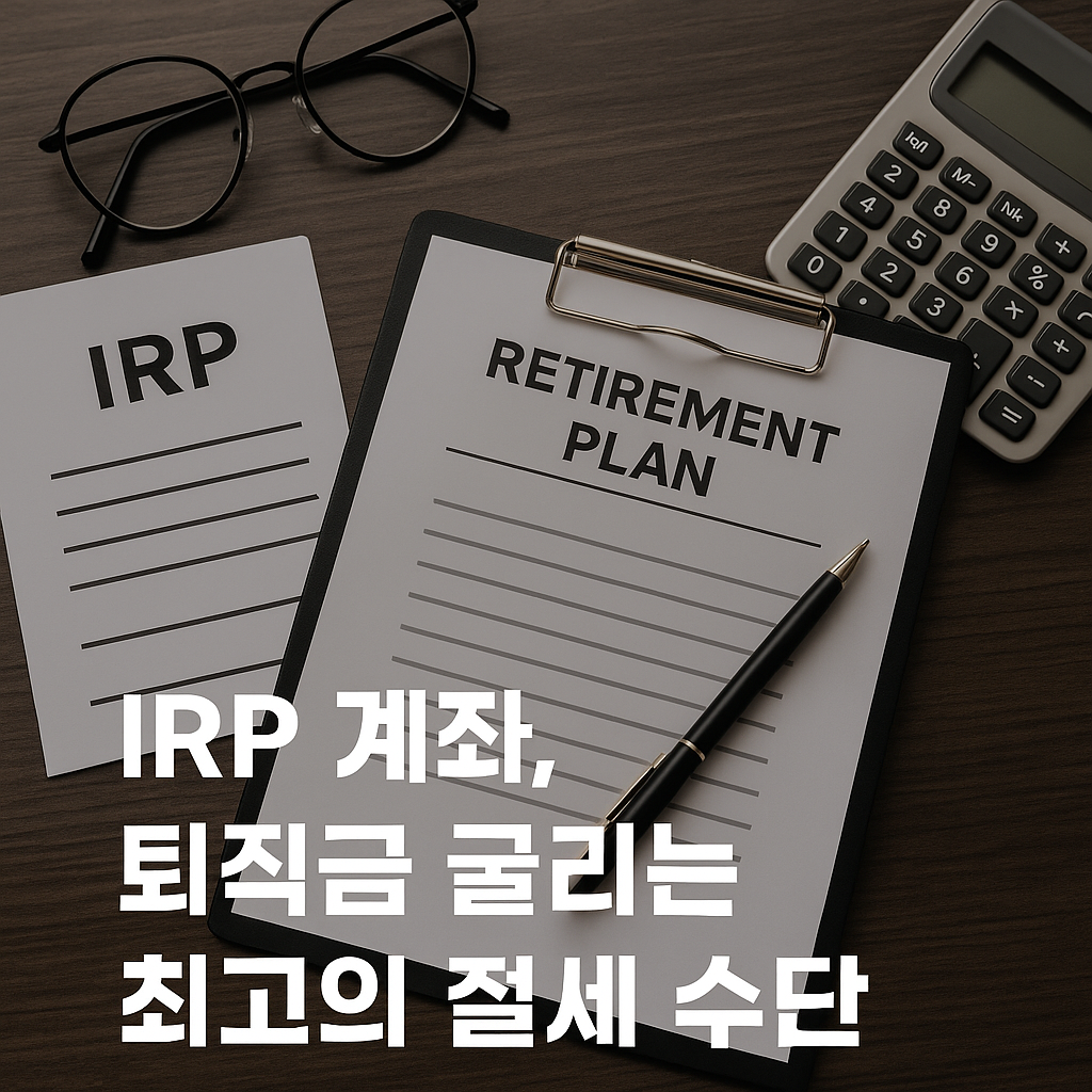 노후 자산 관리와 IRP 계좌의 개념을 표현하기 위해, 나무 책상 위에 연금 플래너 공책, 펜, 계산기, 재무 관련 차트, 노트북이 깔끔하게 배치된 현대적 스타일의 실물 사진