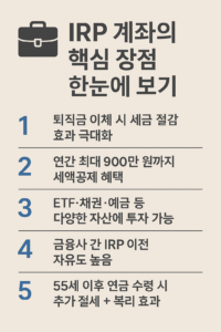연한 베이지색 배경 위에 ‘IRP 계좌의 핵심 장점 한눈에 보기’라는 제목과 함께1~5번 항목으로 세금 절감, 세액공제 혜택, 다양한 자산 투자 가능, 금융사 간 IRP 이전 자유도, 55세 이후 연금 수령 시 절세 효과 등을 정리한 한국어 인포그래픽 이미지