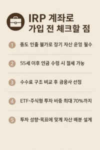 베이지 배경 위에 ‘IRP 계좌로 가입 전 체크할 점’이라는 제목과 함께1~5번 항목으로 중도 인출 불가, 55세 이후 연금 수령 절세, 수수료 비교 필요, ETF·주식형 비중 최대 70% 가능, 투자 성향에 맞는 자산 배분 필요 등의 내용을 정리한 한국어 인포그래픽 이미지