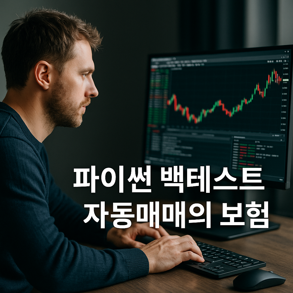 파이썬 기반 자동매매 백테스트를 수행하는 남성이 트레이딩 차트가 표시된 모니터를 집중해서 바라보는 실물 데스크 환경의 현대적 썸네일 이미지