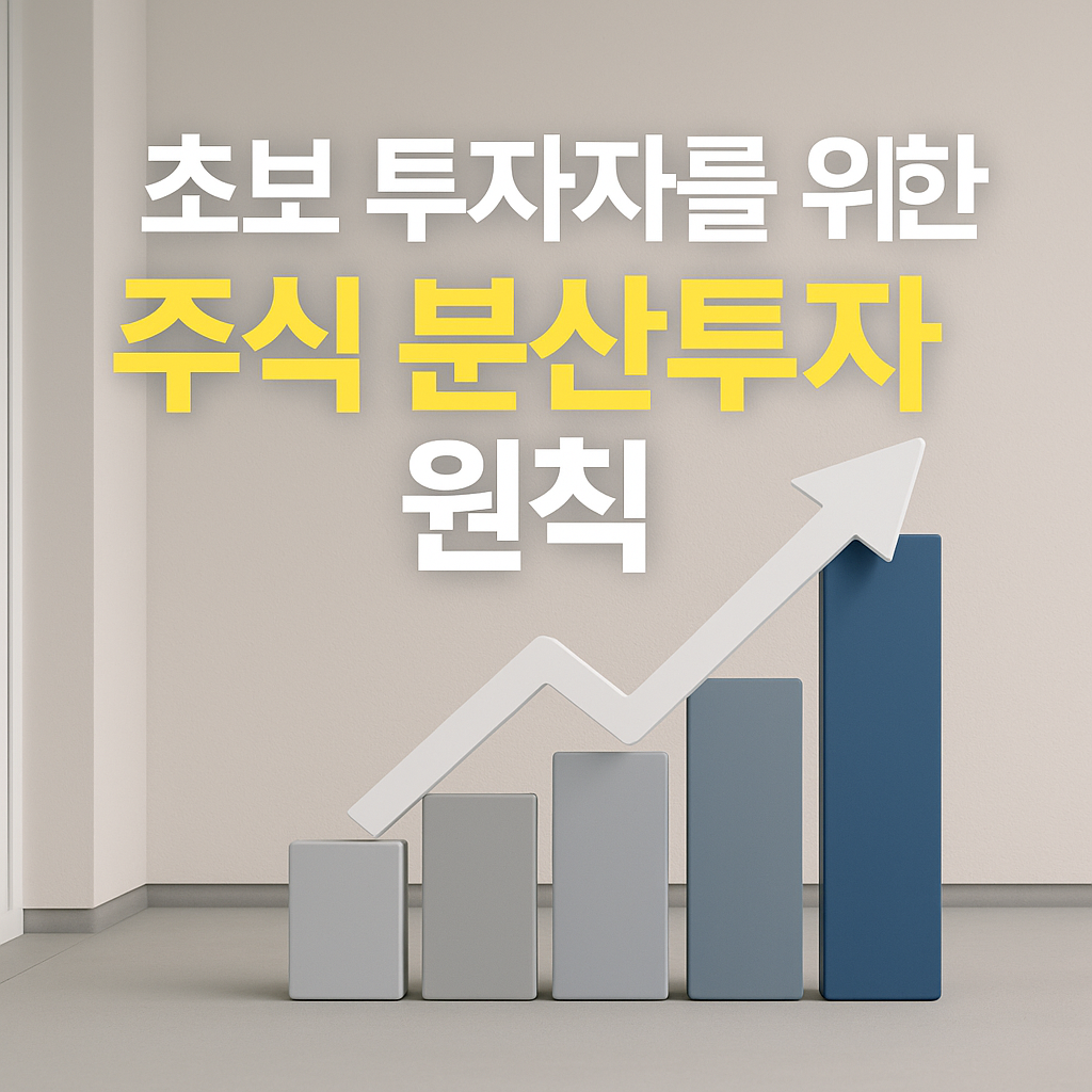 미니멀한 실내 공간 배경 위에 다양한 높이의 막대 그래프와 상승 화살표가 3D 형태로 배치되어 있으며, 상단에는 ‘초보 투자자를 위한 주식 분산투자 원칙’이라는 굵은 흰색·노란색 텍스트가 현대적인 스타일로 배치된 금융 키비주얼 썸네일 이미지.