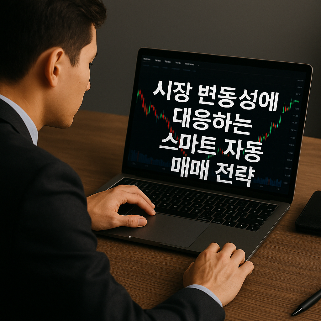 노트북 화면에 주식 차트가 표시된 상태에서 자동매매 전략 텍스트가 오버레이된 화면을 집중해서 바라보는 남성 트레이더의 실제 매매 모습