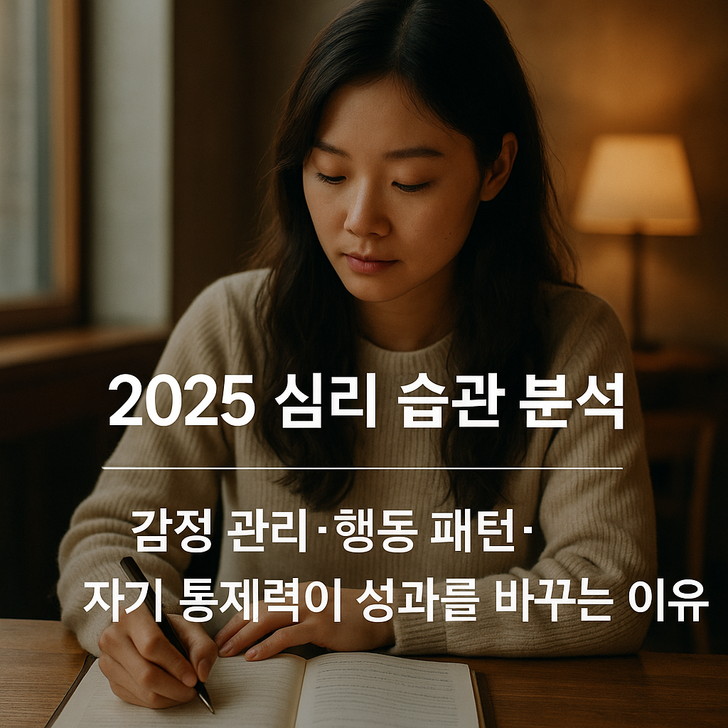 노트를 작성하며 집중하는 여성의 모습 위에 ‘2025 심리 습관 분석’ 제목 타이포가 들어간 감성 분위기 사진