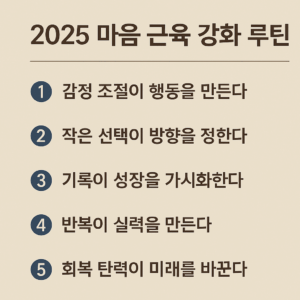 2025 마음 근육 강화 루틴 인포그래픽 카드. 감정 조절, 선택, 기록, 반복, 회복 탄력의 5가지 문장을 담은 베이지톤 디자인