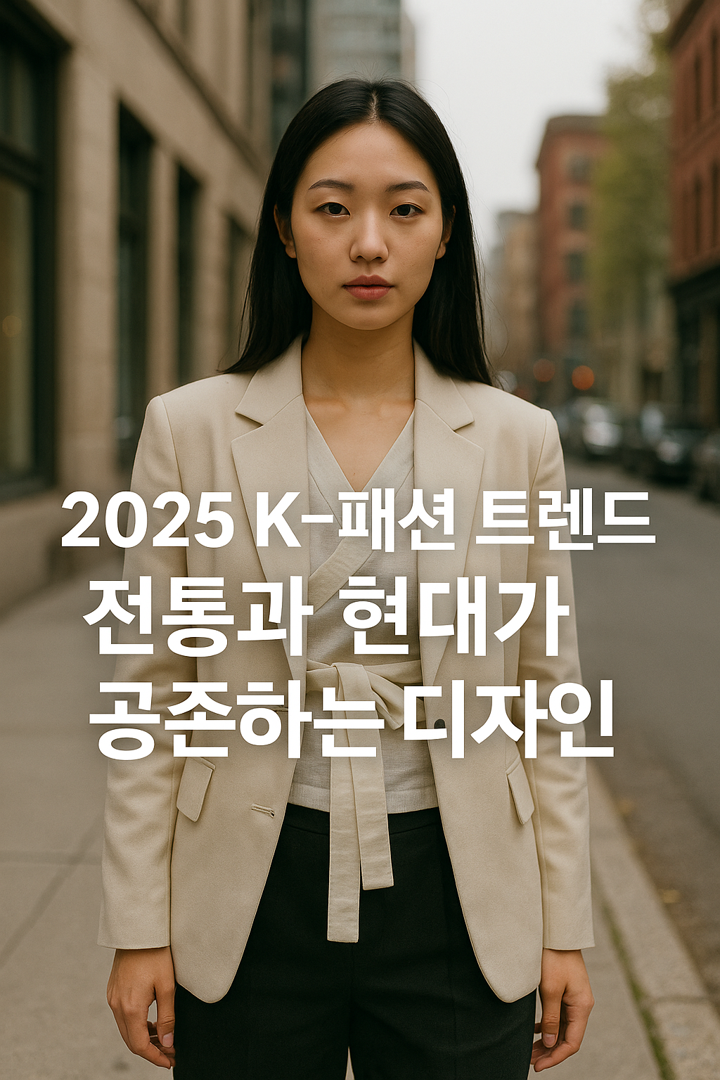 도시 배경에서 미니멀하고 현대적인 의상을 입은 동양인 여성이 카메라를 바라보는 패션 사진. 2025 K-패션 트렌드의 감성을 표현한 이미지.