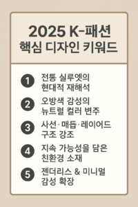 2025 K-패션 핵심 디자인 키워드를 요약한 인포그래픽 카드. 전통 실루엣 재해석, 오방색 변주, 매듭과 레이어드 디테일, 친환경 소재, 젠더리스 확장 트렌드 설명.