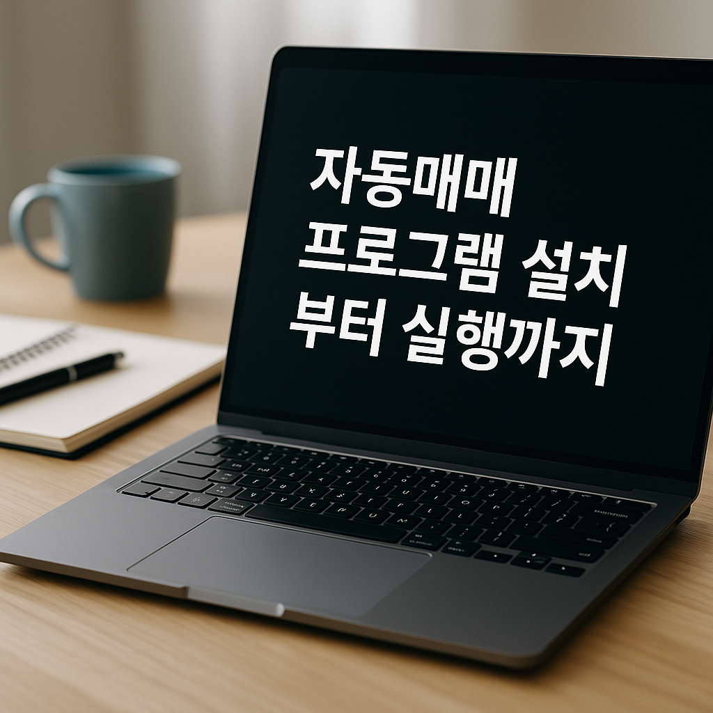 노트북 화면 중앙에 ‘자동매매 프로그램 설치부터 실행까지’ 라는 굵고 선명한 화이트 텍스트가 표시된 현대적인 실물 촬영 스타일 이미지