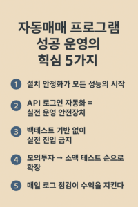 설치 안정화, API 자동로그인, 백테스트 우선, 모의투자 후 실전 확대, 로그 점검의 중요성을 짧은 문장으로 설명한텍스트 기반 인포그래픽 카드 디자인