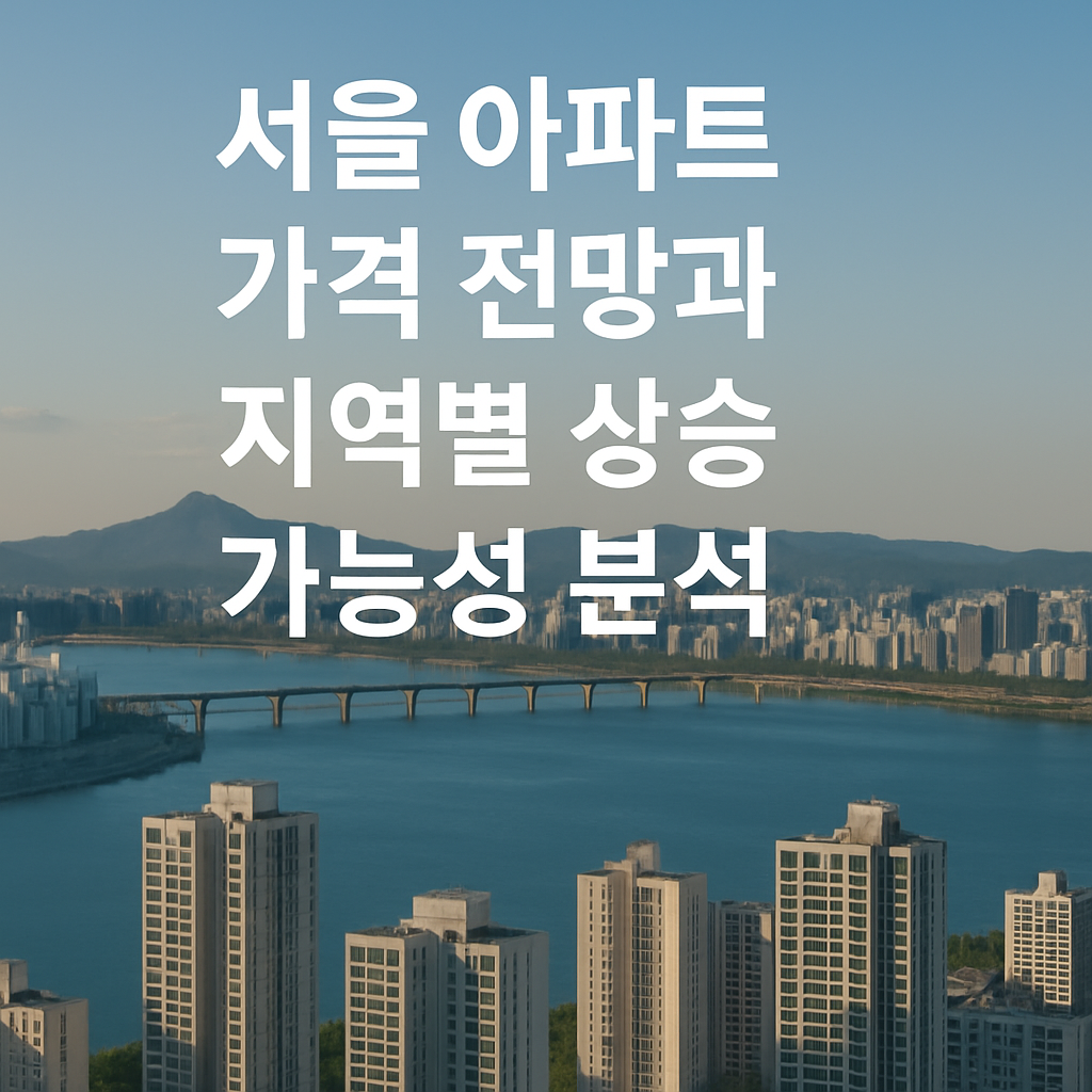 ‘서울 아파트 가격 전망과 지역별 상승 가능성 분석’**이라는 굵은 흰색 텍스트가 현대적 감성으로 오버레이된 이미지.