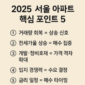 베이지 톤 배경 위에 굵은 검정색 제목 2025 서울 아파트 핵심 포인트 5 가 중앙 상단에 배치된 인포그래픽 이미지.