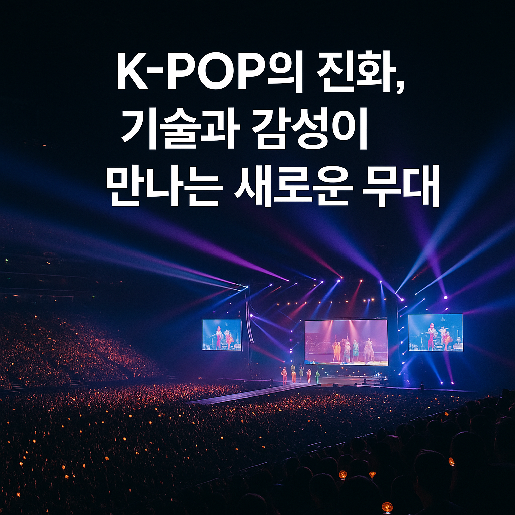 화려한 조명과 대형 LED 스크린이 설치된 실내 K-POP 콘서트 공연장 전경