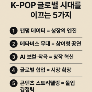베이지 컬러 배경 위에 굵은 검정 텍스트로 K-POP 글로벌 시대를 이끄는 5가지’ 라는 제목이 상단에 배치된 인포그래픽 이미지