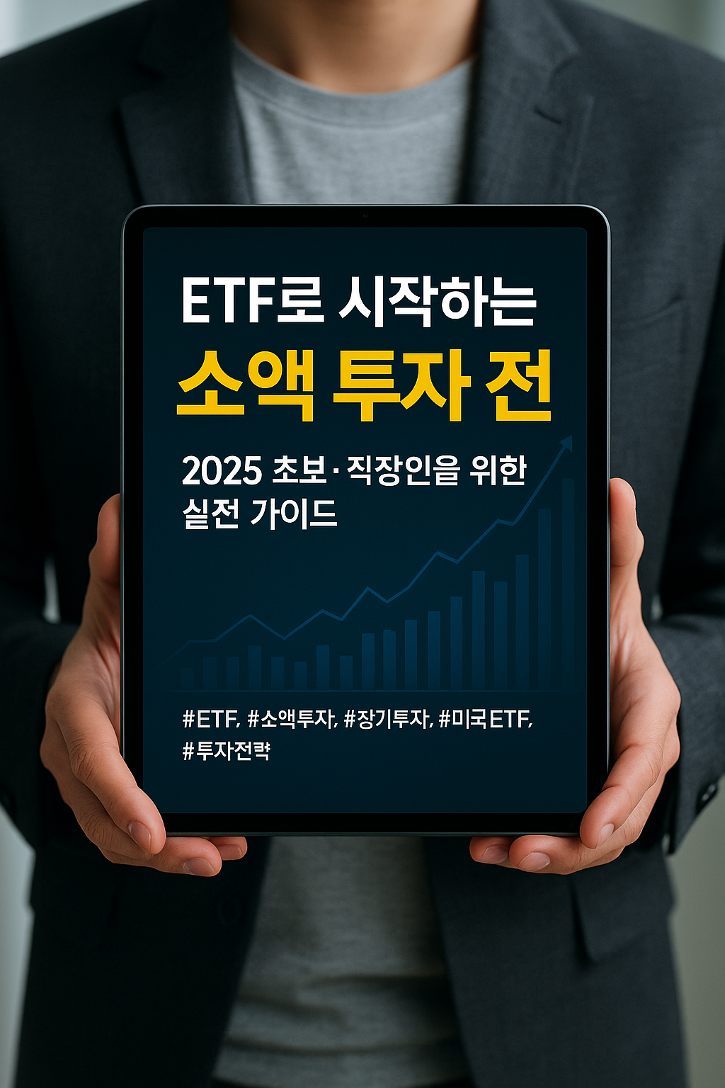 어두운 색 재킷을 입은 사람이 태블릿을 두 손으로 들고 있으며, 화면에는 ‘ETF로 시작하는 소액 투자 전략’이라는 제목과 상승 그래프 디자인이 현대적인 스타일로 표시된 이미지