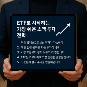 다크 네이비 배경의 태블릿 화면에 ‘ETF로 시작하는 가장 쉬운 소액 투자 전략’이라는 제목과 5개의 핵심 문구가 선명하게 표시된 이미지