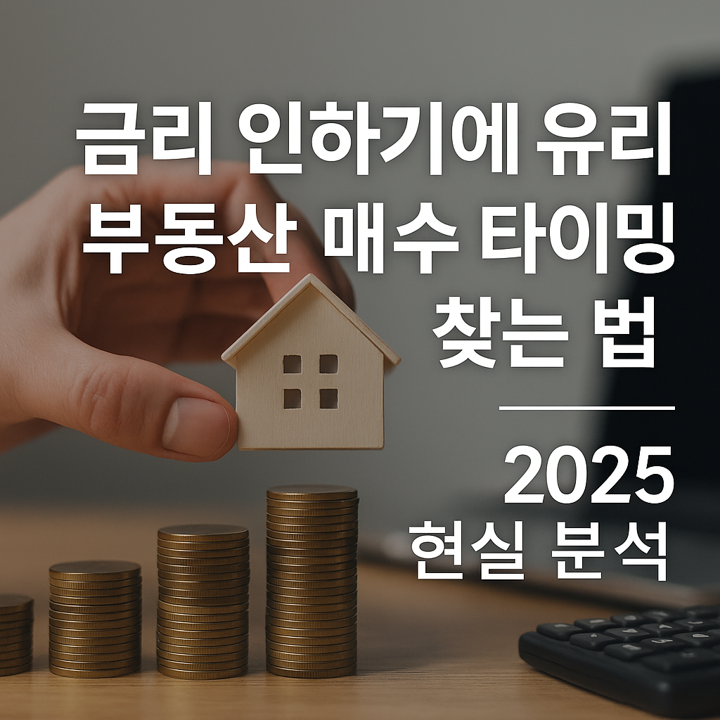 “금리 인하기에 유리 부동산 매수 타이밍 찾는 법｜2025 현실 분석”이라는 흰색 굵은 글씨가 잘 정렬되어 오버레이된 현대적 스타일의 썸네일 이미지.