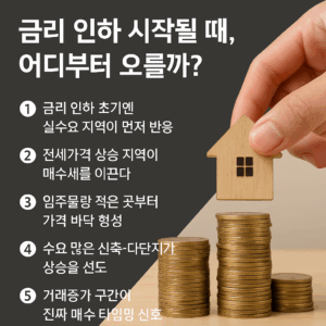 ‘금리 인하 시작될 때, 어디부터 오를까?’라는 제목과 1~5번 핵심 문구가 흰색 글씨로 정렬되어 있으며, 오른쪽에는 손가락이 작은 나무 집 모형을 동전 더미 위에 올려놓는 장면이 담긴 실물 사진이 결합된 인포그래픽 이미지