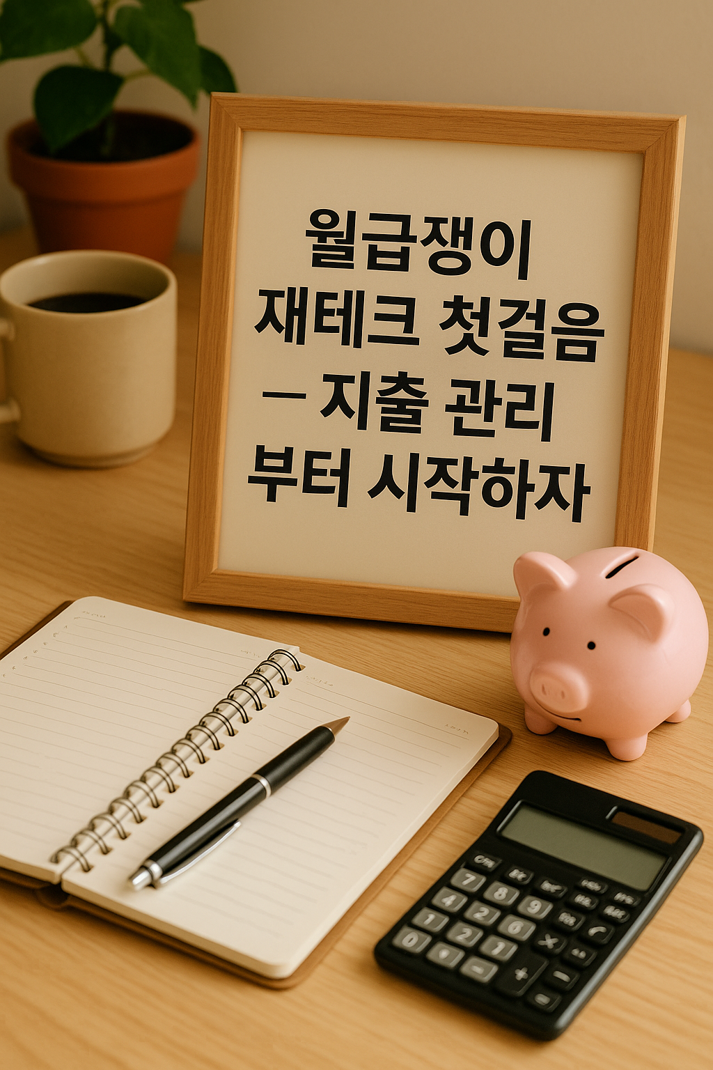 나무 책상 위에 재테크 관련 소품들이 놓여 있고, '월급쟁이 재테크 첫걸음 — 지출 관리부터 시작하자'라는 문구가 적힌 보드가 세워져 있는 장면