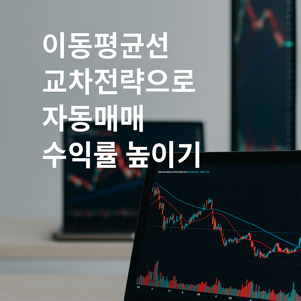 노트북 화면에 이동평균선이 포함된 캔들 차트가 표시된 트레이딩 환경을 배경으로, ‘이동평균선 교차전략으로 자동매매 수익률 높이기’라는 문구가 오버레이된 현대적 스타일의 실물사진 썸네일