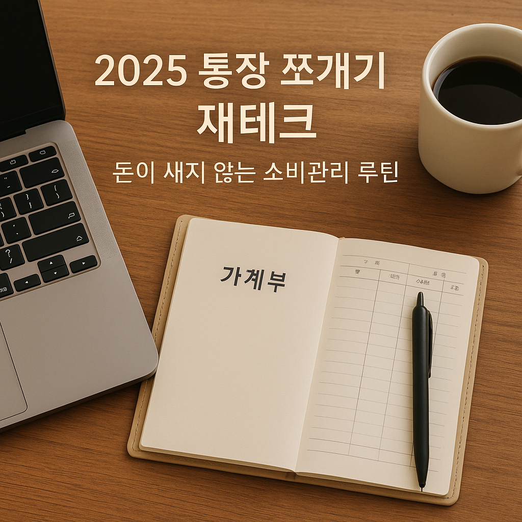 우드톤 데스크 위에 노트북, 커피잔, 가계부 노트와 펜이 놓여 있고, ‘2025 통장 쪼개기 재테크·돈이 새지 않는 소비관리 루틴’ 문구가 적힌 재무관리 컨셉의 실물 사진