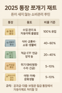 우드톤 재테크 인포그래픽. 월급·생활비·저축투자·비상금·행복소비 계좌로 나누고 각 비율과 용도를 안내하는 2025 통장 쪼개기 재무 관리 표