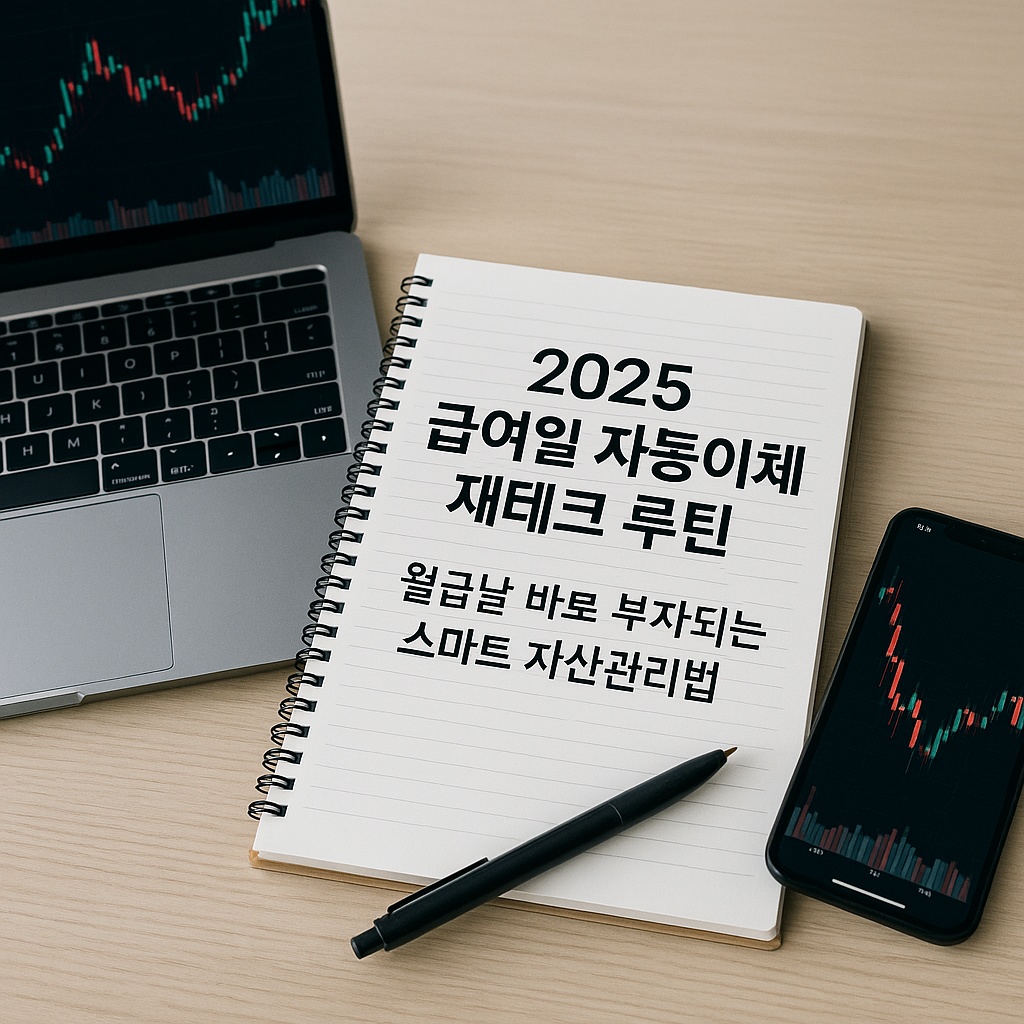 급여일 자동이체 재테크 루틴을 소개하는 노트 문구와 노트북, 스마트폰 주가 차트가 놓인 모던 데스크 실물 사진