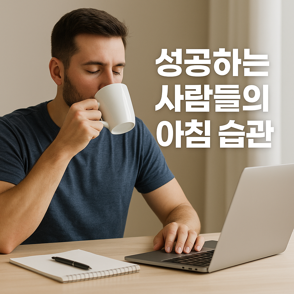 집중된 표정으로 아침 루틴을 실천하며 커피를 마시고 노트북 앞에 앉아 있는 남성의 모습, 책상 위에는 노트와 펜이 놓여 있고 자연광이 들어오는 현대적인 분위기