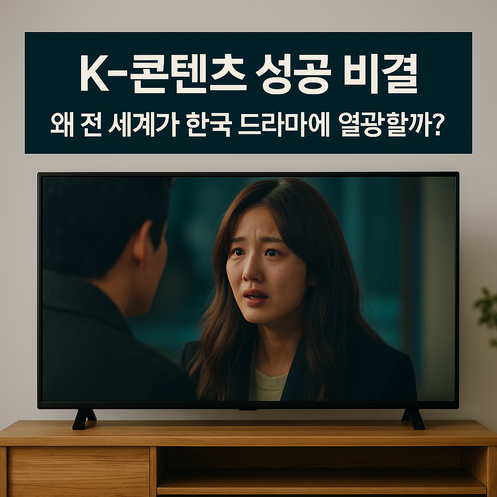 깔끔한 거실 배경 속 TV 화면에 감정적인 한국 드라마 장면이 재생되고, 상단 배너에 ‘K-콘텐츠 성공 비결｜왜 전 세계가 한국 드라마에 열광할까?’ 문구가 선명하게 표시된 현대적 썸네일