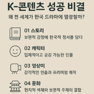 보편적 감정과 한국적 정서를 결합한 스토리, 입체적 캐릭터, 감각적 영상미, 문화적 색채 등 K-드라마 성공 요인을 시각적으로 정리한 인포그래픽