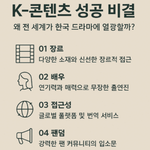 K-콘텐츠 성공 요인을 다룬 인포그래픽. 장르, 배우, 접근성, 팬덤 등 4가지 글로벌 성장 요소를 아이콘과 함께 정리한 현대적 디자인