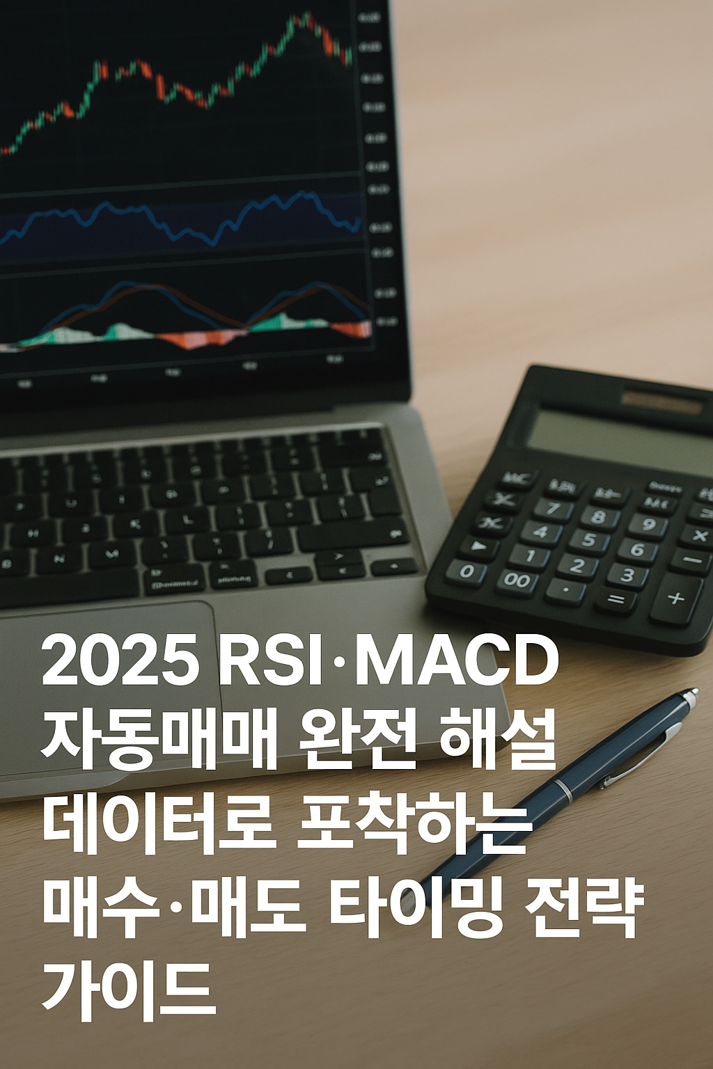 밝은 사무실 책상 위 노트북 화면에 RSI와 MACD 주가 차트가 표시되어 있고, 옆에는 커피잔과 펜, 금융 보고서가 놓여 있는 현대적인 트레이딩 사진