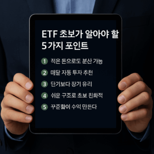 정장을 입은 사람이 태블릿을 두 손으로 들고 있으며, 화면에는 ‘ETF 초보가 알아야 할 5가지 포인트’라는 제목과 짧은 핵심 문구 5줄이 선명한 흰색 텍스트로 표시된 현대적인 인포그래픽 이미지