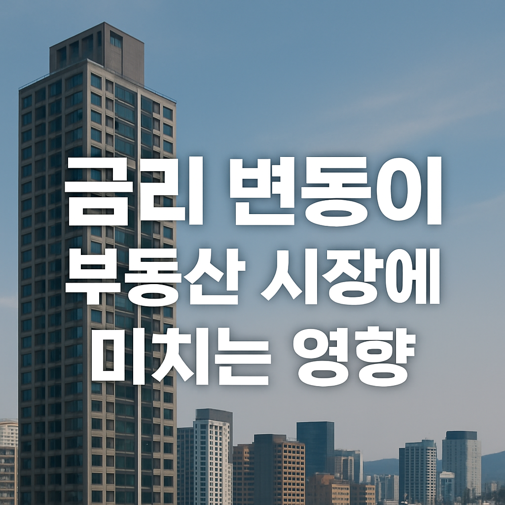 고층 아파트와 도심 빌딩이 배경으로 보이는 현대적인 도시 전경 위에 ‘금리 변동이 부동산 시장에 미치는 영향’이라는 문구가 깔끔한 화이트 폰트로 배치된 썸네일 이미지