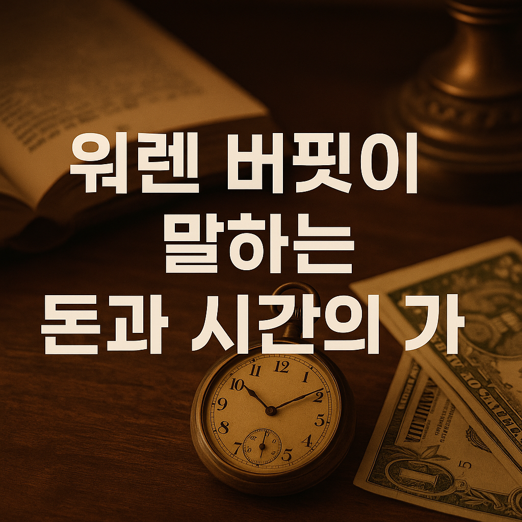 어두운 톤의 고급스러운 분위기 속에서 오래된 황동 모래시계와 두툼한 경제 관련 하드커버 책이 나무 테이블 위에 놓여 있으며, 위쪽에는 ‘워렌 버핏이 말하는 돈과 시간의 가치’라는 흰색 텍스트가 선명하게 오버레이된 실물 기반의 분위기 있는 썸네일 이미지.