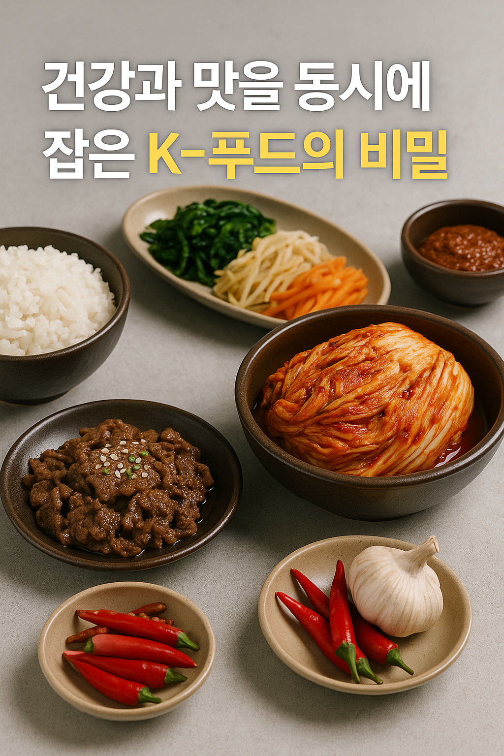 밥, 불고기, 김치, 나물, 고추, 마늘 등 다양한 한식 반찬이 현대적인 그릇에 담겨 테이블 위에 가지런히 놓여 있는 음식 사진. ‘건강과 맛을 동시에 잡은 K-푸드의 비밀’이라는 문구가 상단에 배치된 썸네일 이미지