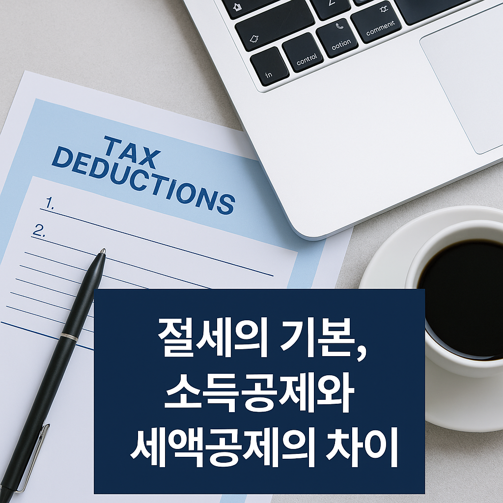 “절세의 기본, 소득공제와 세액공제의 차이를 설명하는 세무 문서와 노트북, 커피가 놓인 현대적 책상 위 실물사진”