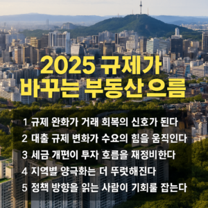 서울 도심과 남산타워가 보이는 파노라마 전경을 배경으로, 중앙에는 ‘2025 규제가 바꾸는 부동산 흐름’이라는 제목과 그 아래 1~5번 핵심 문구가 정렬되어 있는 인포그래픽 스타일 썸네일 이미지