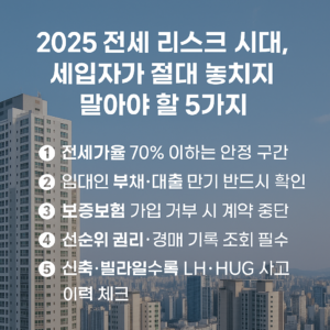 고층 아파트가 즐비한 도심 전경 위에, 전세 리스크 5가지 핵심 수칙이 흰 글씨로 정렬된 인포그래픽 이미지