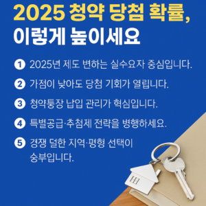 파란 배경 위에 노란색 제목 ‘2025 청약 당첨 확률, 이렇게 높이세요’가 크게 배치된 썸네일 디자인