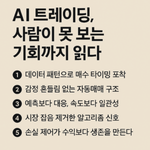AI 알고리즘 매매가 인간의 한계를 보완하는 핵심 원리를 요약한 투자 인포그래픽