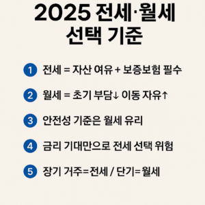 2025년 전세와 월세의 차이, 금리 영향, 거주 기간별 유리 조건을 5가지 핵심 포인트로 정리한 모던 인포그래픽.