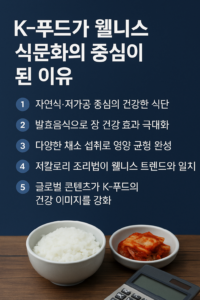 자연식·발효식품·채소 중심의 균형 잡힌 한식이 웰니스 식문화의 중심이 된 과정을 시각적으로 정리한 인포그래픽 이미지