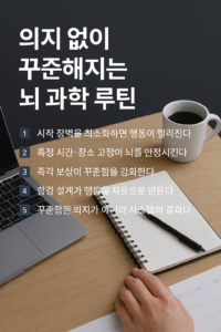 노트북·노트·펜·커피가 놓인 깔끔한 작업 데스크를 배경으로, 의지 없이 꾸준함을 만드는 심리·뇌 과학 루틴을 강조한 썸네일 이미지