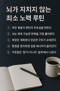 뇌가 좋아하는 반복, 환경 설계, 시작 장벽 최소화를 포함한 최소 노력 루틴의 핵심 원리를 시각적으로 정리한 인포그래픽