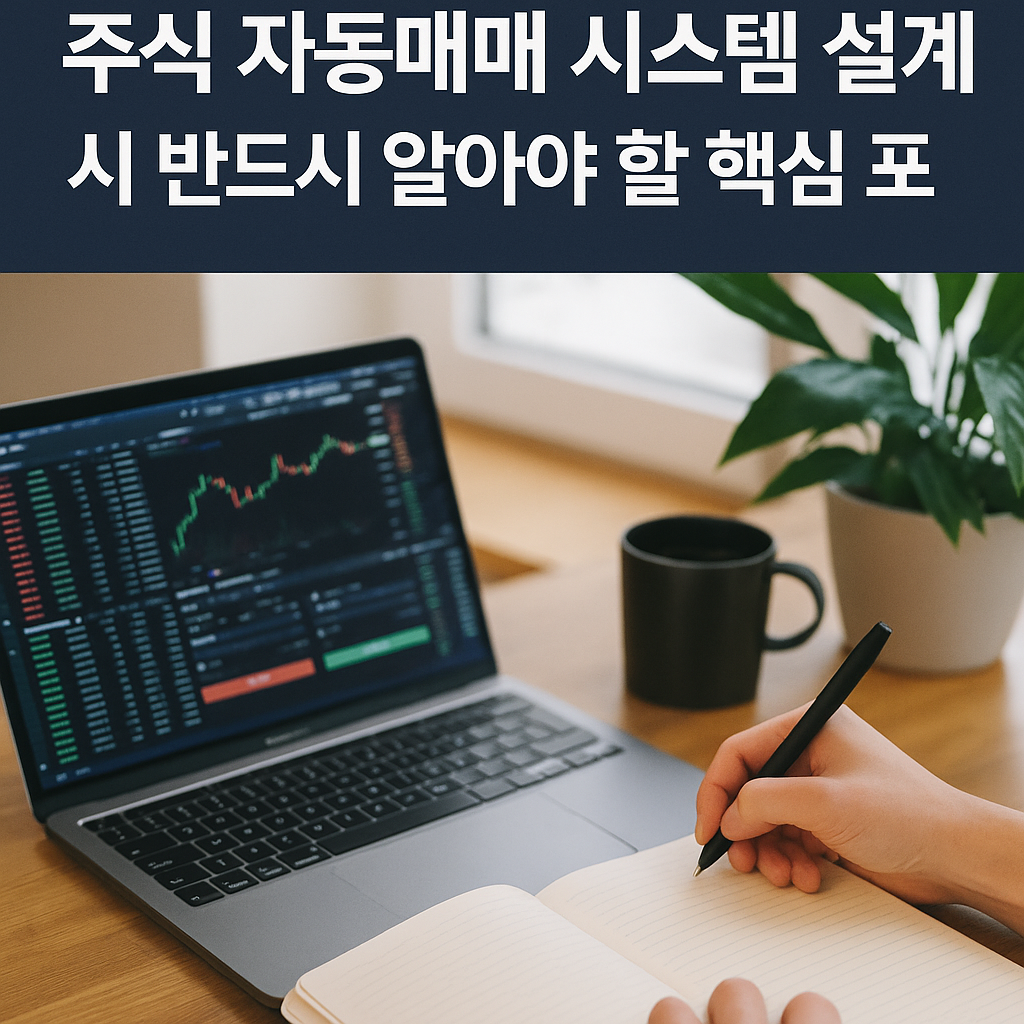 주식 자동매매 시스템 설계 핵심 요소를 표현한 현대적 워크스페이스 썸네일 이미지